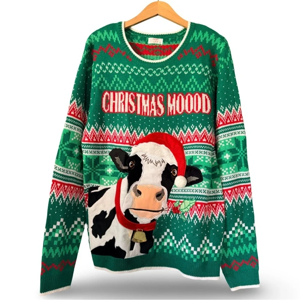 Holiday Time Christmas Moo Cow Ugly Sweater Green Red Medium M (38-40)